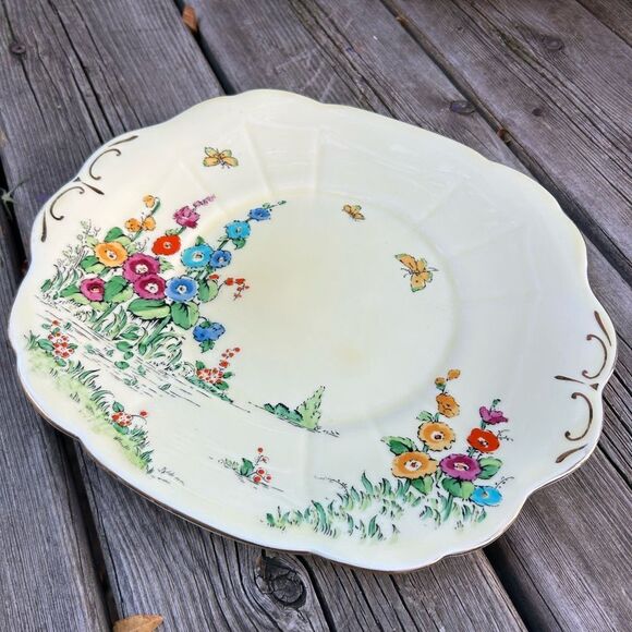 Crown Staffordshire Floral Cake Plate Serving Tray Bone China Gold Border 10" - Picture 14 of 16